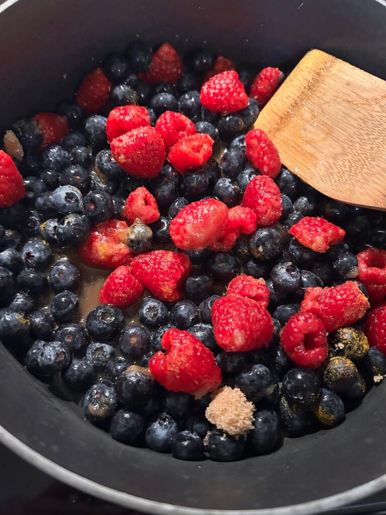 Raspberries, blueberries, and brown sugar. Family food traditions meet modern changes.