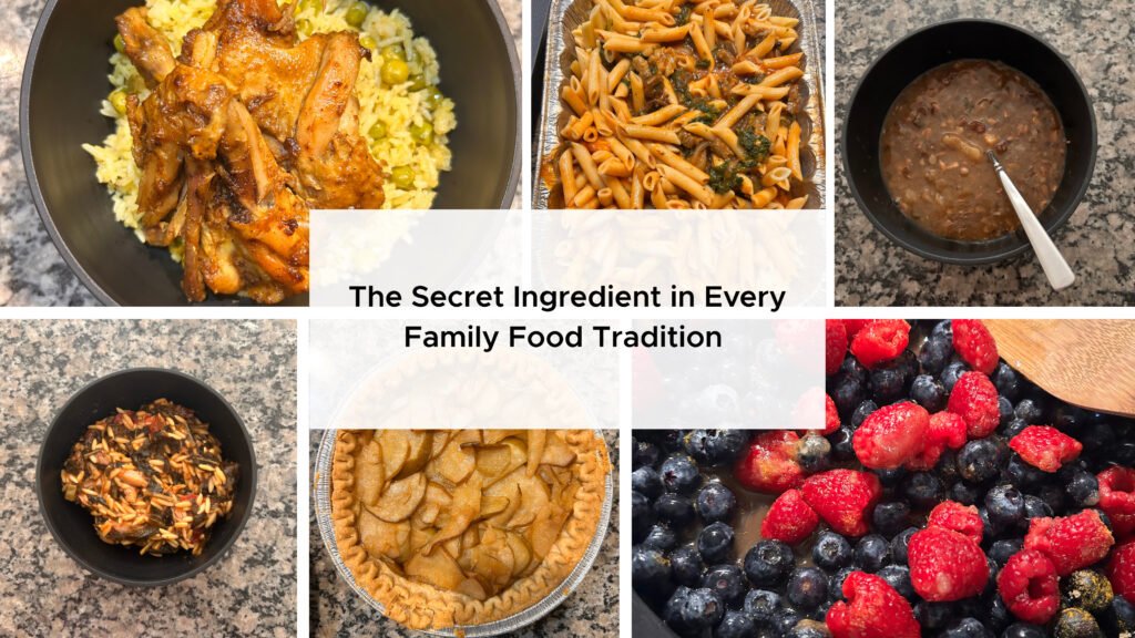 Food pictures in different quadrants: Picture 1, chicken rice and peas. Picture 2, Pasta kale and tomato dish. Picture 3, Bean soup. Picture 4, orzo, chicken, and kale dish. Picture 5, Pear pie. Picture 6, blueberries and raspberries, being cooked with brown sugar.